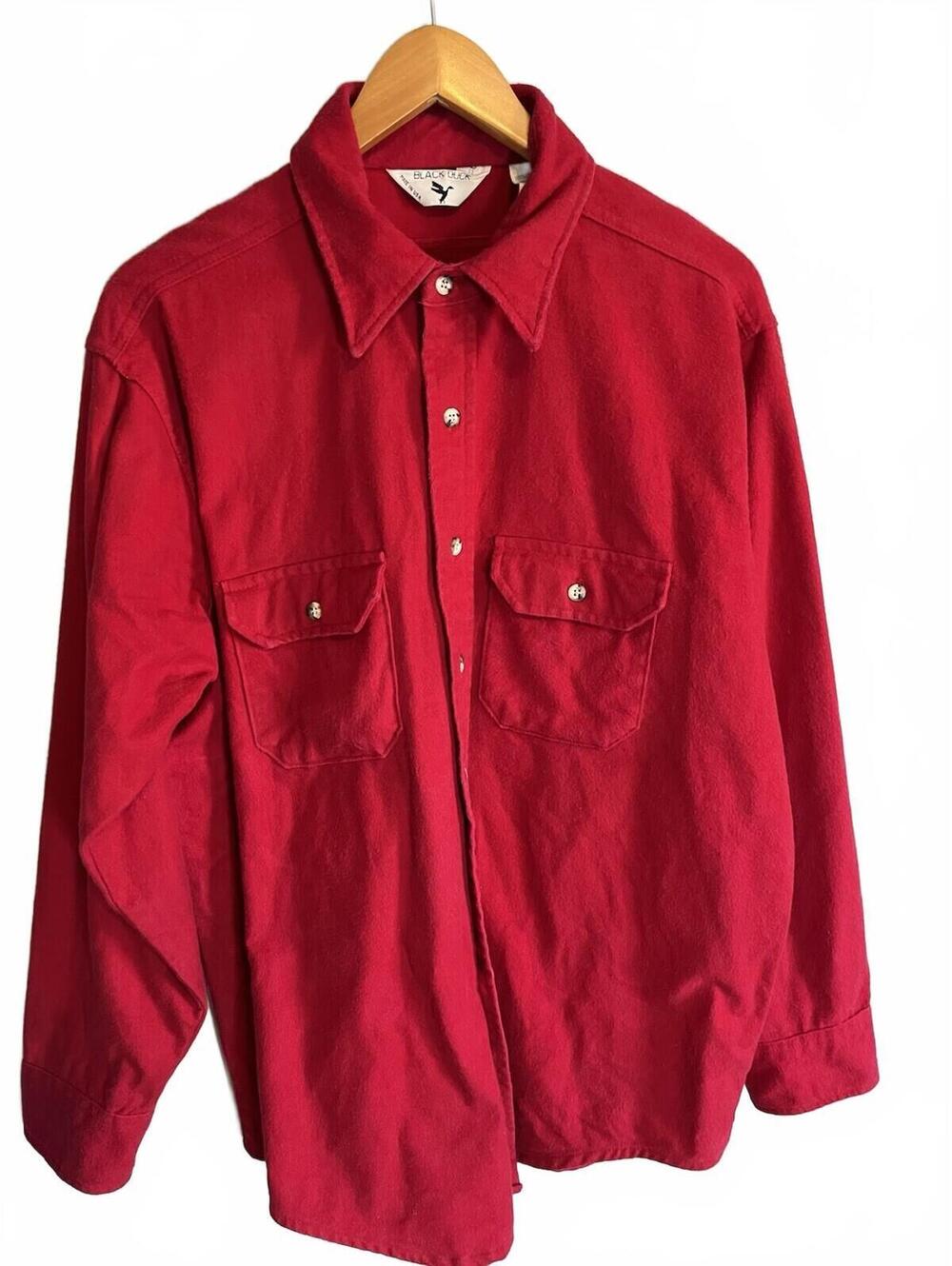 Black Duck Shirt Mens Large Red Chamois Flannel Vintage Made in USA Red Cotton